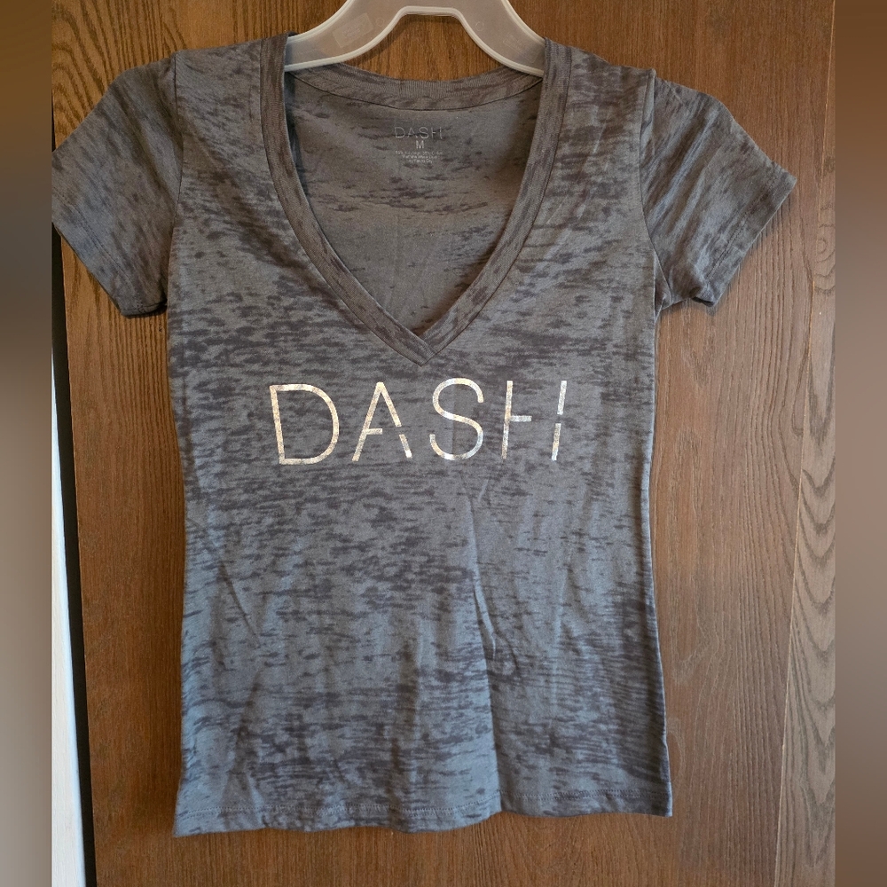 Ash Gray Burnout V-Neck Tee with Metallic Logo